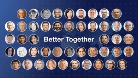 Video featuring several headshots of Regeneron employees around text reading 'Better Together' with a global map in the background.