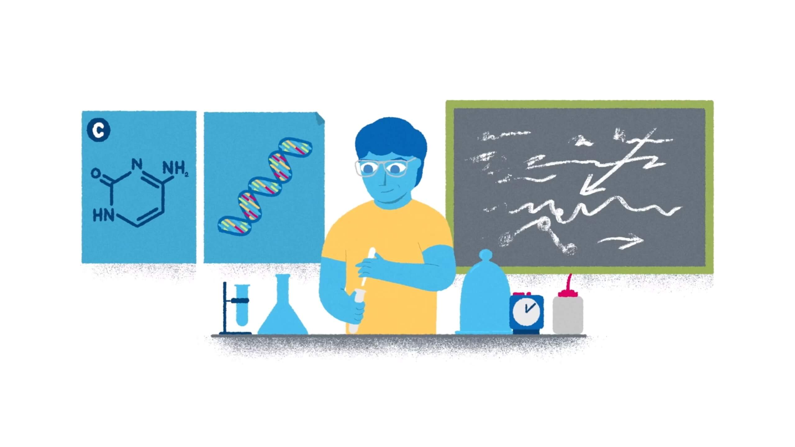 Video featuring a graphic of a scientist performing an experiment.