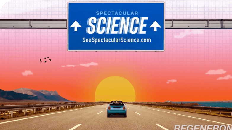 Regeneron: Spectacular Science video featuring a graphic of a car driving on a highway with a 'Spectacular Science' sign above it.