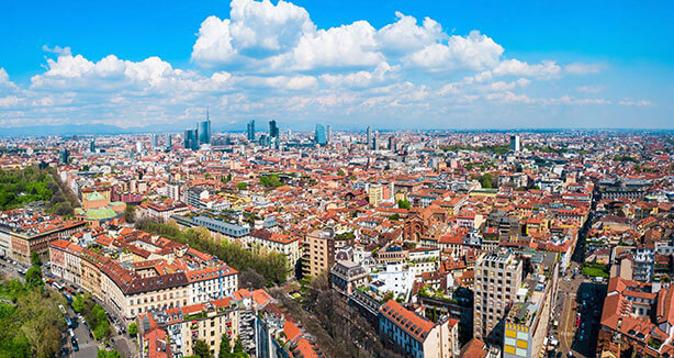 Regeneron location in Milan, Italy. Aerial photo of Milan with a view of the skyline.