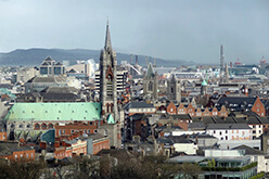 Regeneron location in Dublin, Ireland. Dublin skyline with several historic churches.